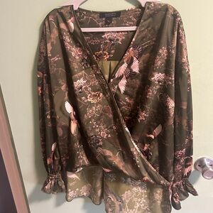 AllSaints Olive Bird Floral Wrap Blouse Satin Top NWOT